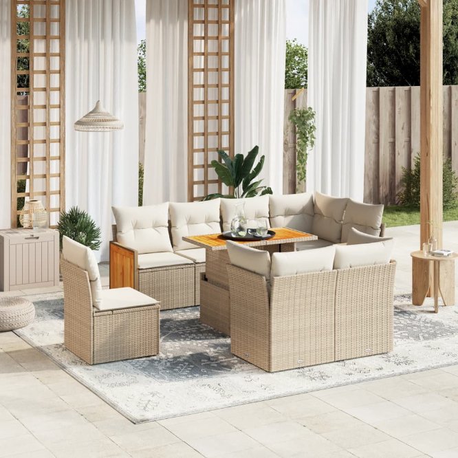 9-tlg. Garten-Sofagarnitur mit Kissen Schwarz Poly Rattan