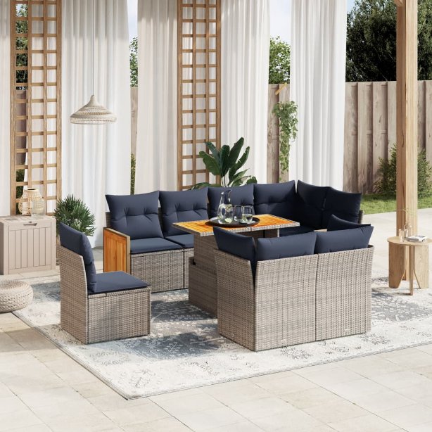 9-tlg. Garten-Sofagarnitur mit Kissen Schwarz Poly Rattan
