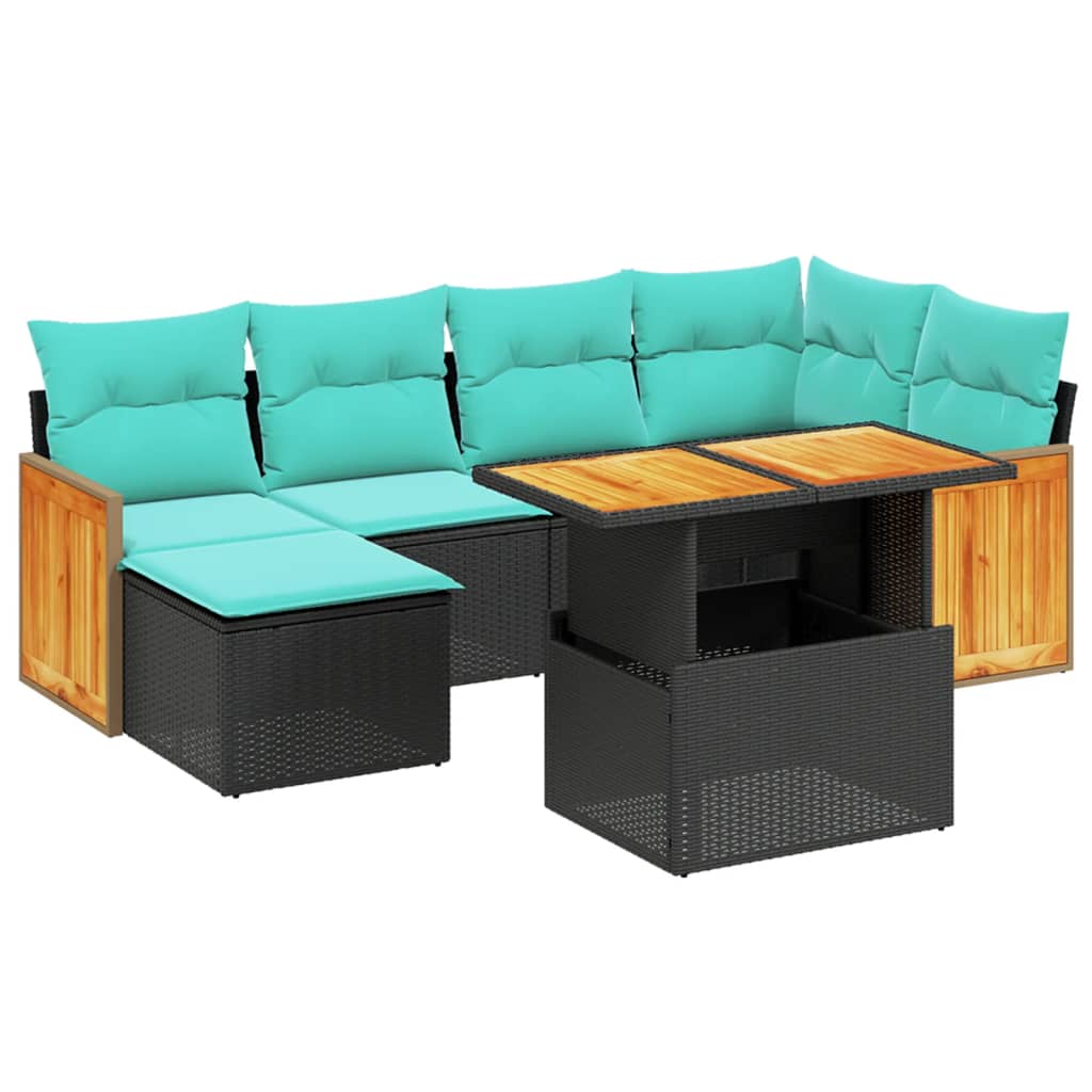 7-tlg. Garten-Sofagarnitur mit Kissen Schwarz Poly Rattan