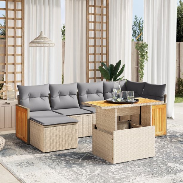 7-tlg. Garten-Sofagarnitur mit Kissen Schwarz Poly Rattan