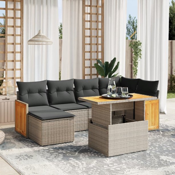 7-tlg. Garten-Sofagarnitur mit Kissen Schwarz Poly Rattan