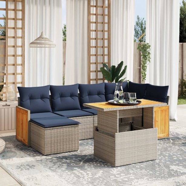 7-tlg. Garten-Sofagarnitur mit Kissen Schwarz Poly Rattan