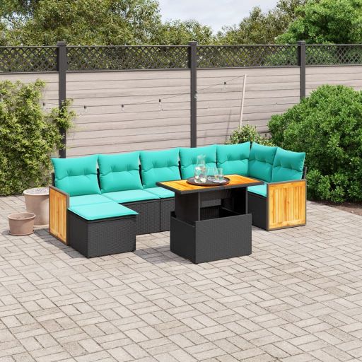 8-tlg. Garten-Sofagarnitur mit Kissen Schwarz Poly Rattan