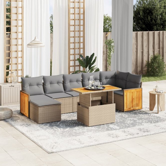 8-tlg. Garten-Sofagarnitur mit Kissen Schwarz Poly Rattan
