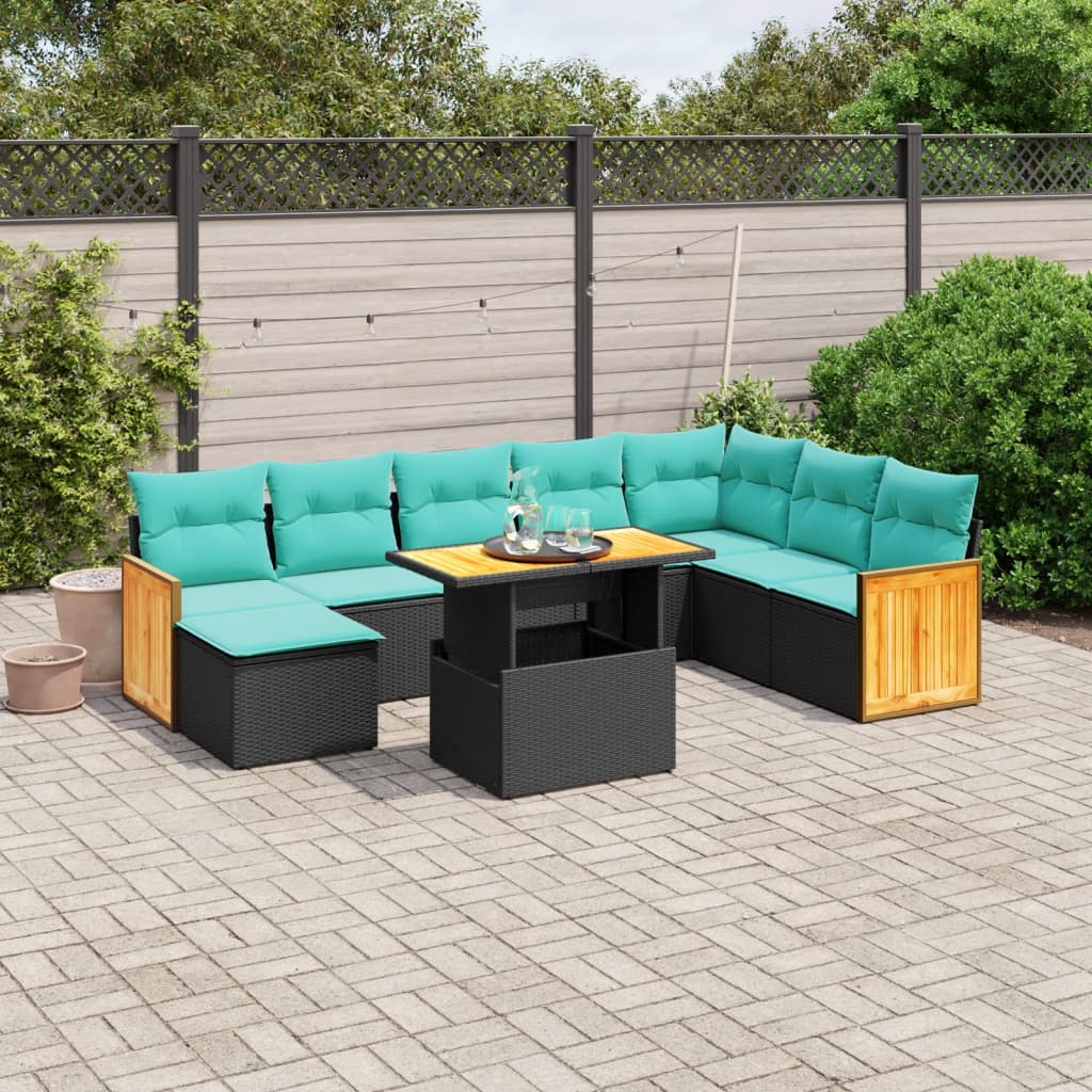 9-tlg. Garten-Sofagarnitur mit Kissen Schwarz Poly Rattan