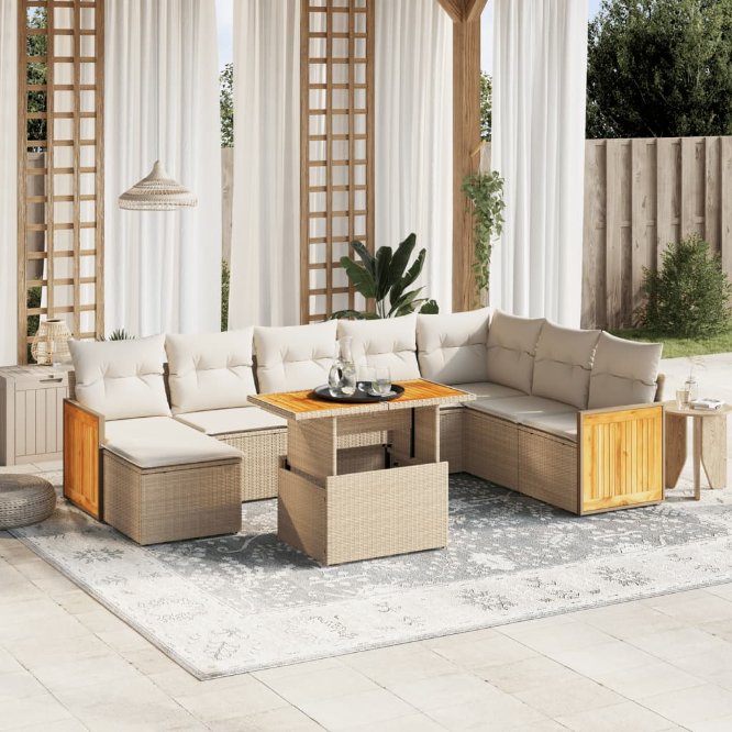 9-tlg. Garten-Sofagarnitur mit Kissen Schwarz Poly Rattan