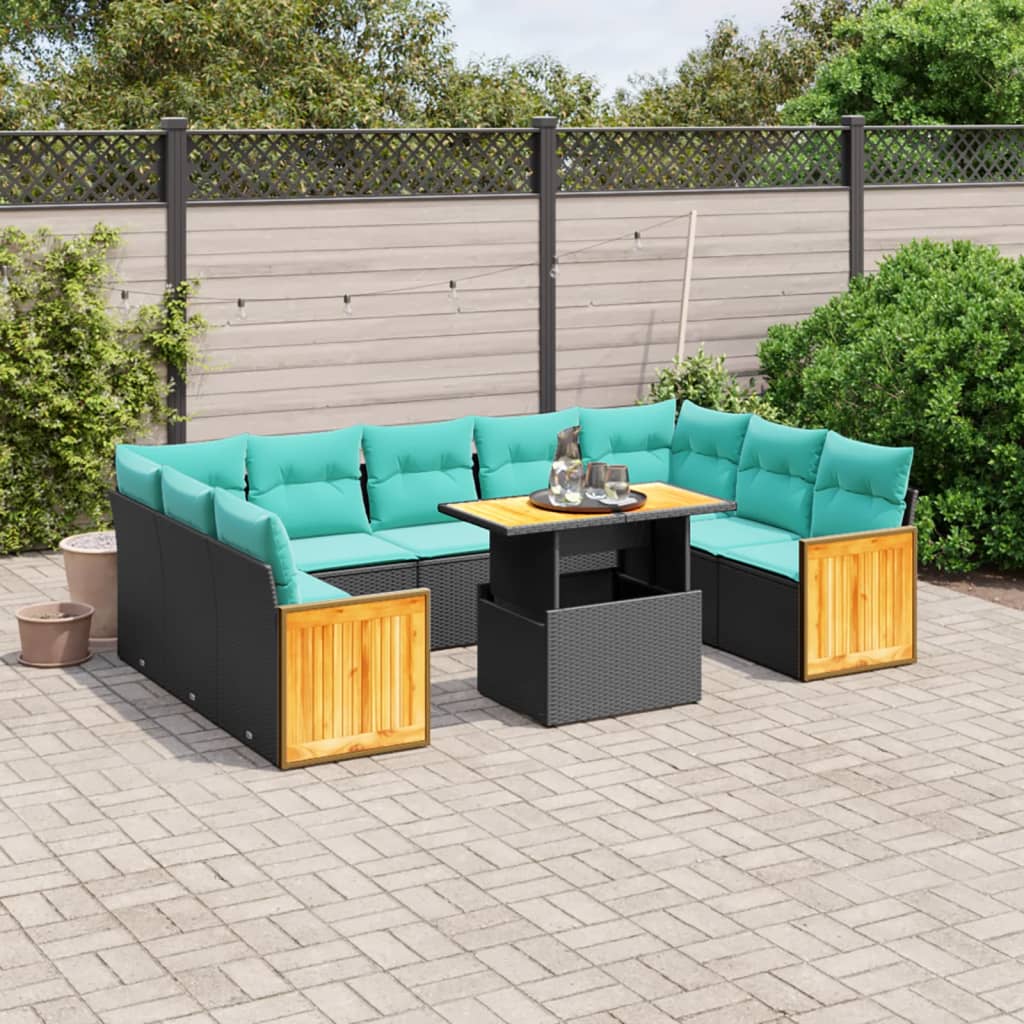 vidaXL 10-tlg. Garten-Sofagarnitur mit Kissen Schwarz Poly Rattan