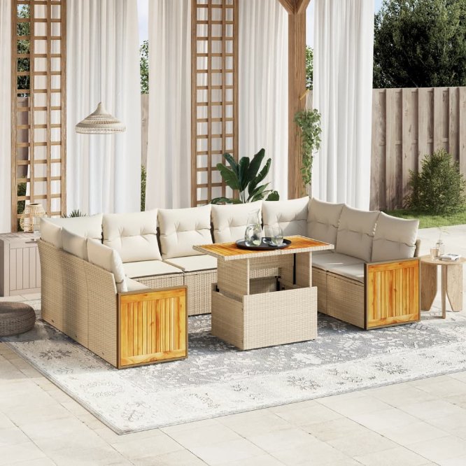vidaXL 10-tlg. Garten-Sofagarnitur mit Kissen Schwarz Poly Rattan