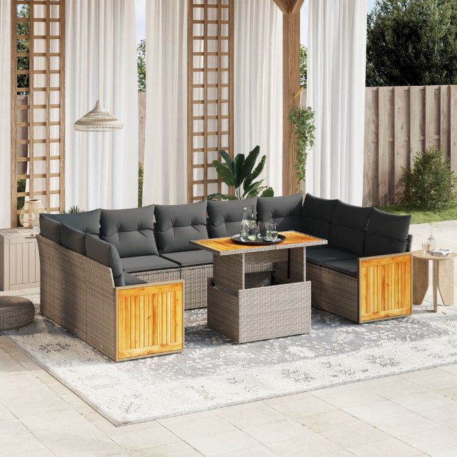vidaXL 10-tlg. Garten-Sofagarnitur mit Kissen Schwarz Poly Rattan