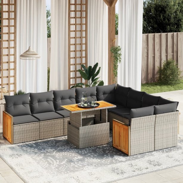vidaXL 10-tlg. Garten-Sofagarnitur mit Kissen Schwarz Poly Rattan