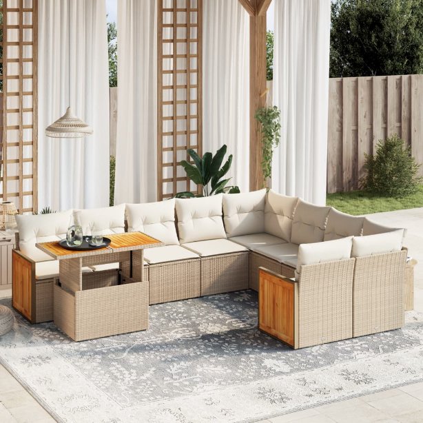 vidaXL 10-tlg. Garten-Sofagarnitur mit Kissen Schwarz Poly Rattan