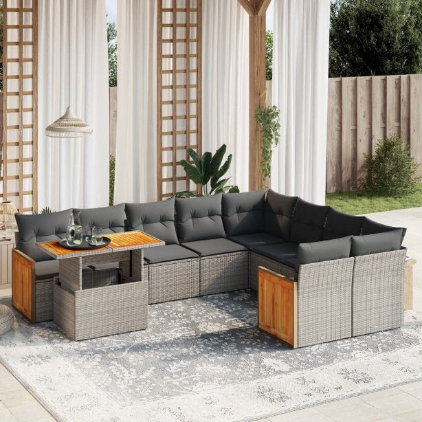 vidaXL 10-tlg. Garten-Sofagarnitur mit Kissen Schwarz Poly Rattan