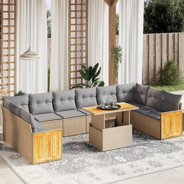 vidaXL 11-tlg. Garten-Sofagarnitur mit Kissen Schwarz Poly Rattan