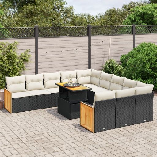 vidaXL 11-tlg. Garten-Sofagarnitur mit Kissen Schwarz Poly Rattan