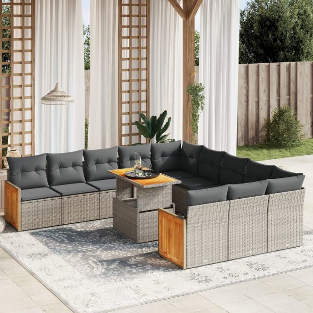 vidaXL 11-tlg. Garten-Sofagarnitur mit Kissen Schwarz Poly Rattan