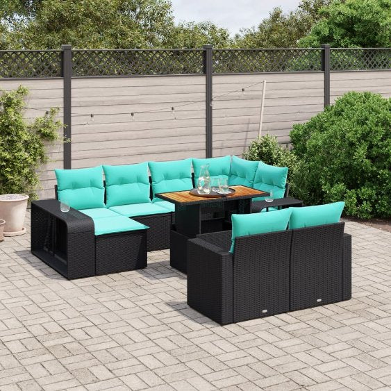 vidaXL 11-teiliges Gartensofa-Set mit Kissen, schwarzes Polyrattan