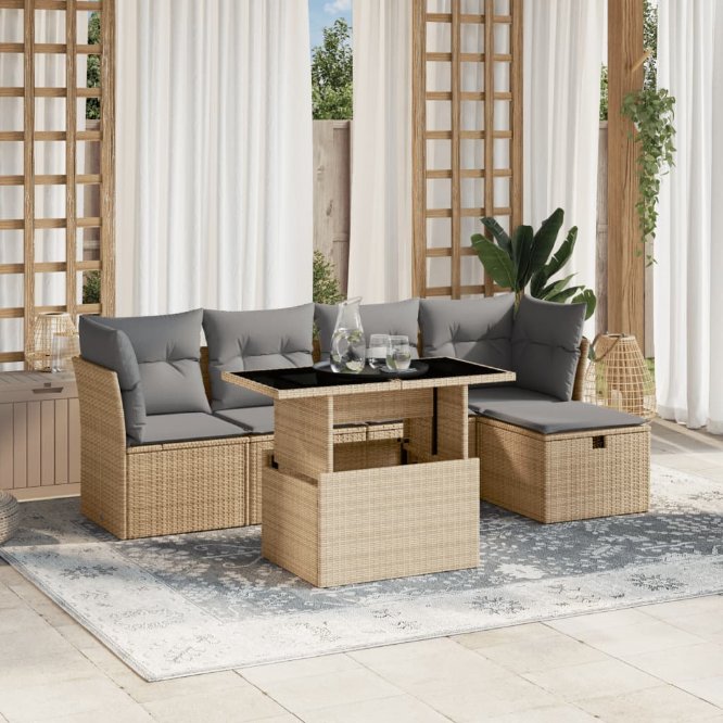 6-tlg. Garten-Sofagarnitur mit Kissen Schwarz Poly Rattan