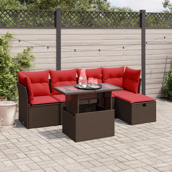 6-teiliges Gartensofa-Set mit Kissen, schwarzes Polyrattan
