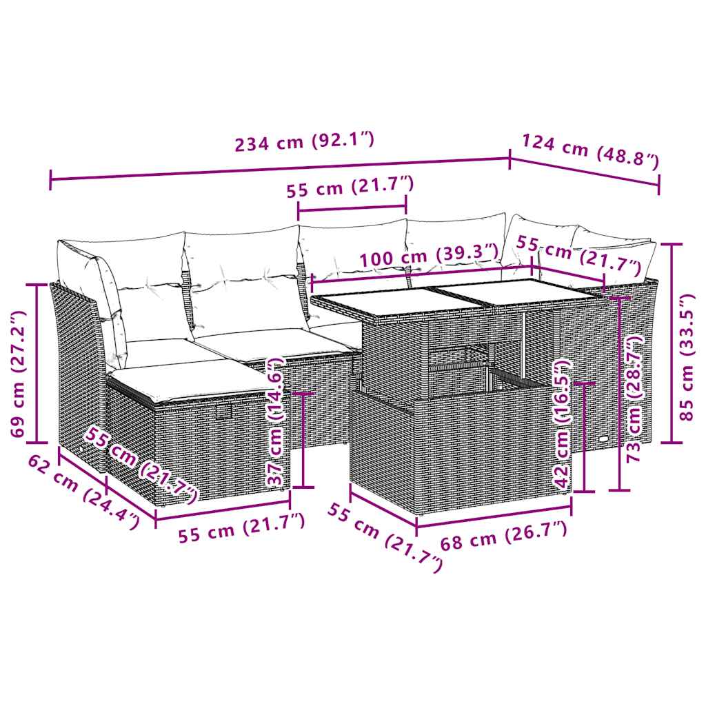 7-teiliges Gartensofa-Set mit Kissen, schwarzes Polyrattan
