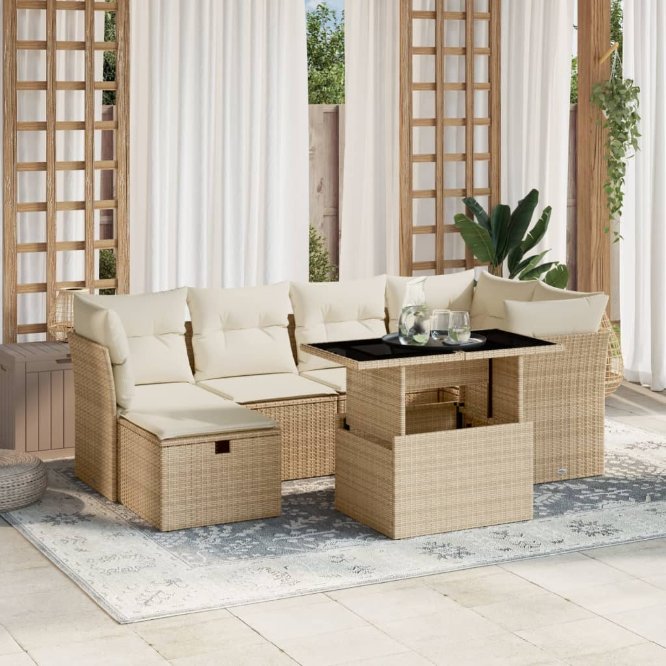 7-tlg. Garten-Sofagarnitur mit Kissen Schwarz Poly Rattan