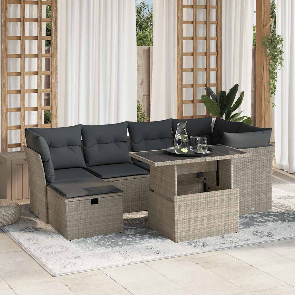 7-tlg. Garten-Sofagarnitur mit Kissen Schwarz Poly Rattan