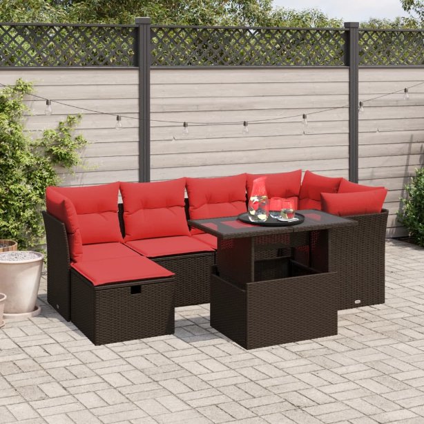 7-teiliges Gartensofa-Set mit Kissen, schwarzes Polyrattan