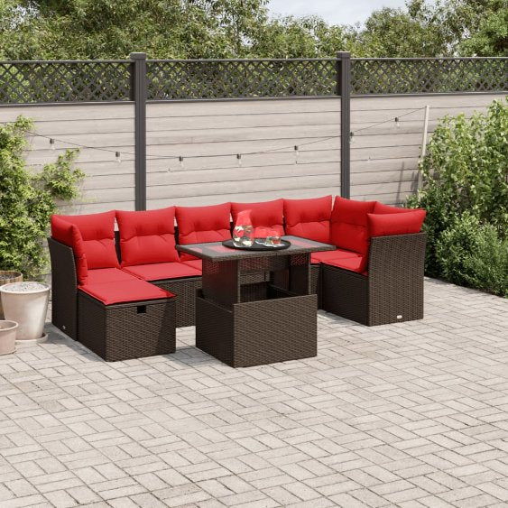 8-teiliges Gartensofa-Set mit Kissen, schwarzes Polyrattan