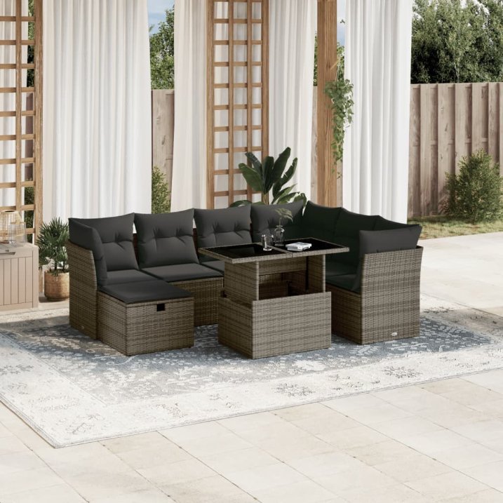 8-tlg. Garten-Sofagarnitur mit Kissen Schwarz Poly Rattan