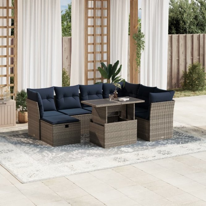 8-teiliges Gartensofa-Set mit Kissen, schwarzes Polyrattan