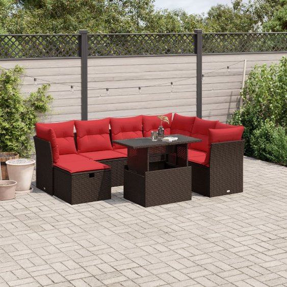 8-teiliges Gartensofa-Set mit Kissen, schwarzes Polyrattan