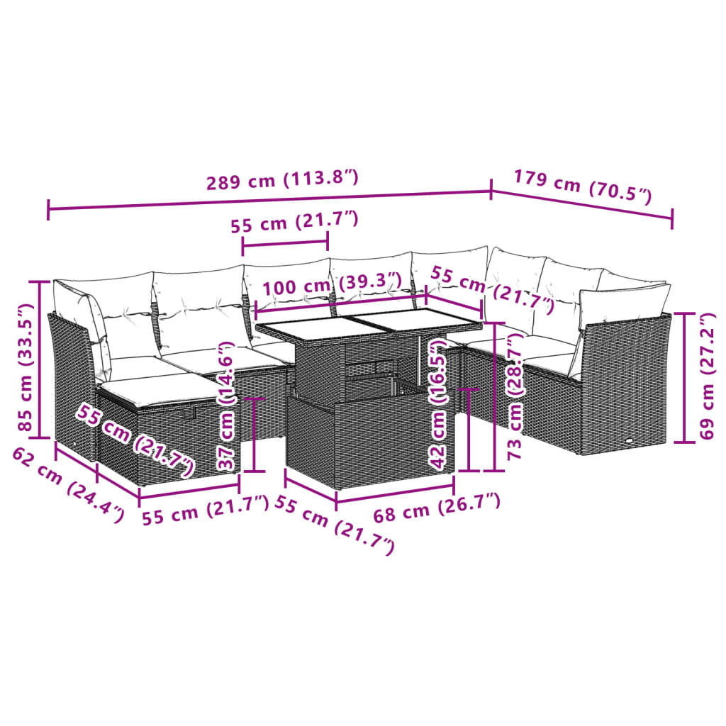 9-tlg. Garten-Sofagarnitur mit Kissen Schwarz Poly Rattan