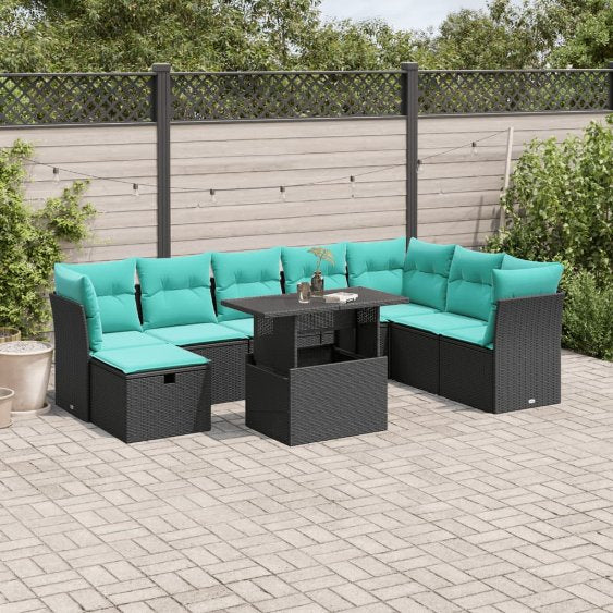 9-teiliges Gartensofa-Set mit Kissen, schwarzes Polyrattan