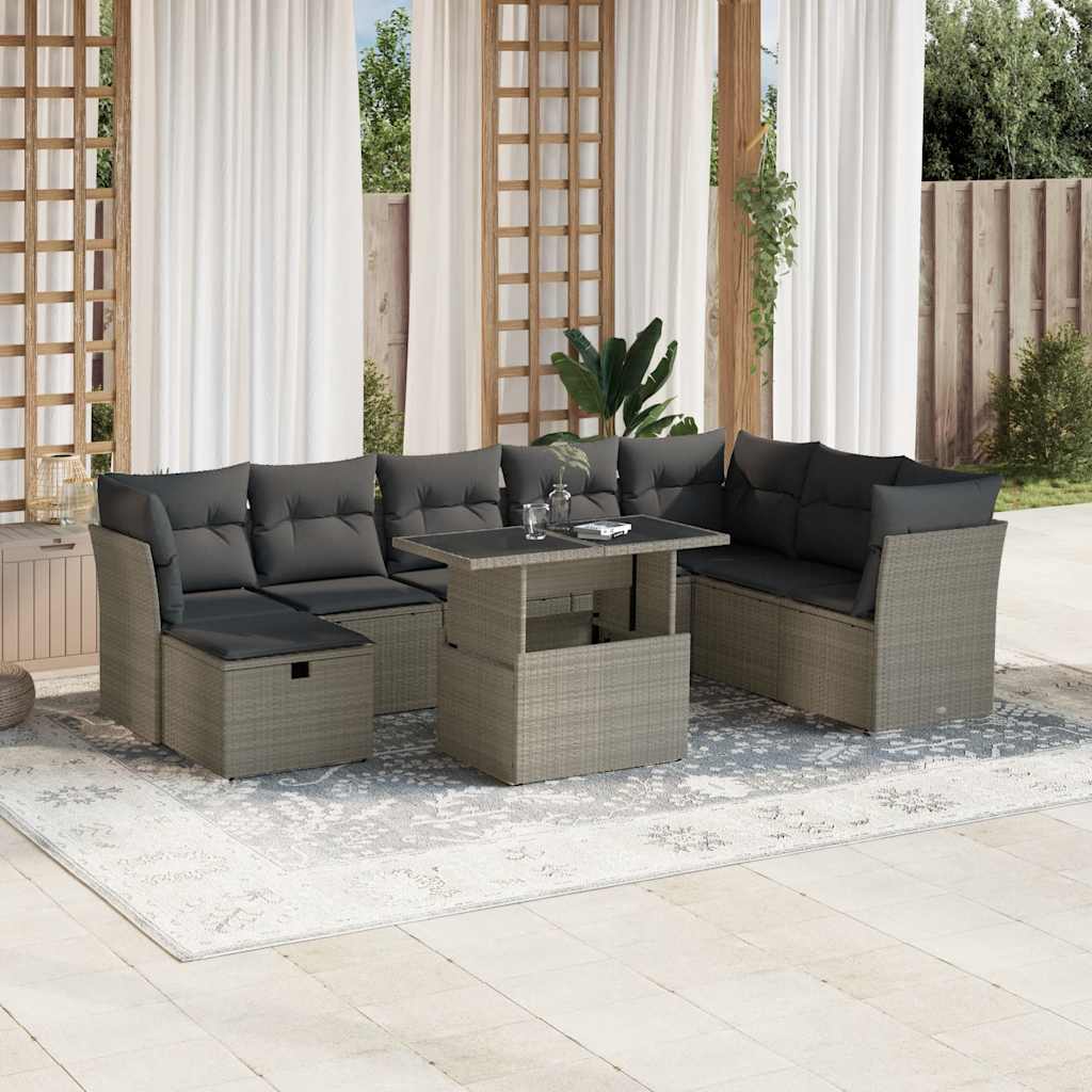 9-tlg. Garten-Sofagarnitur mit Kissen Schwarz Poly Rattan