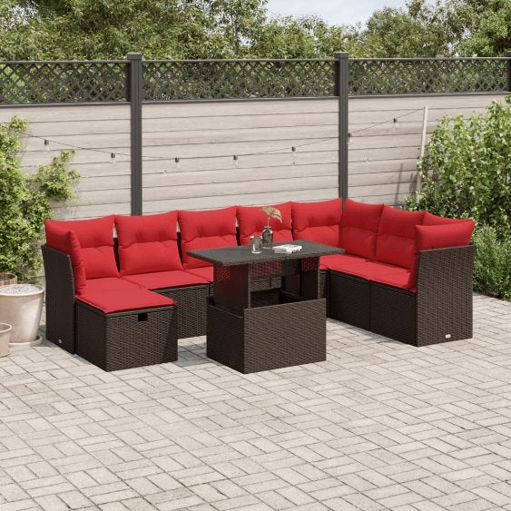9-teiliges Gartensofa-Set mit Kissen, schwarzes Polyrattan