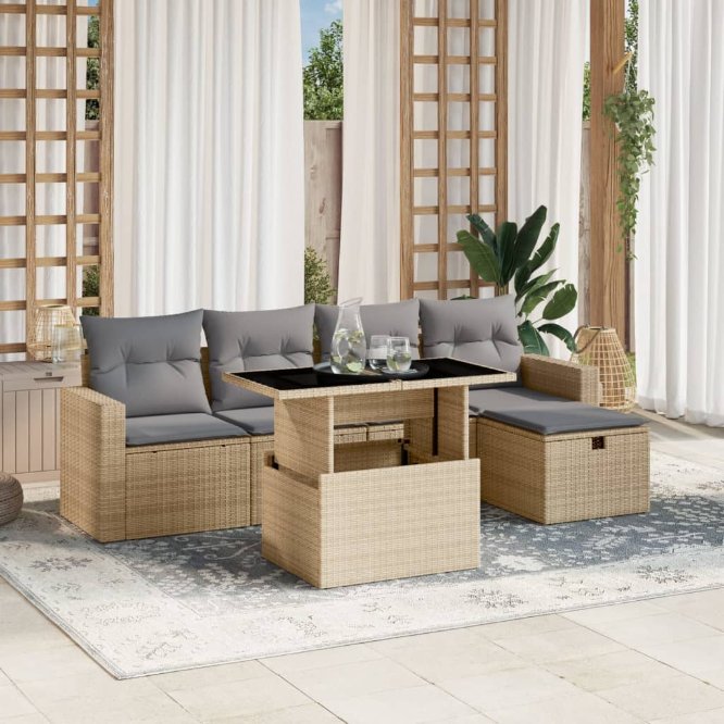 6-tlg. Garten-Sofagarnitur mit Kissen Schwarz Poly Rattan