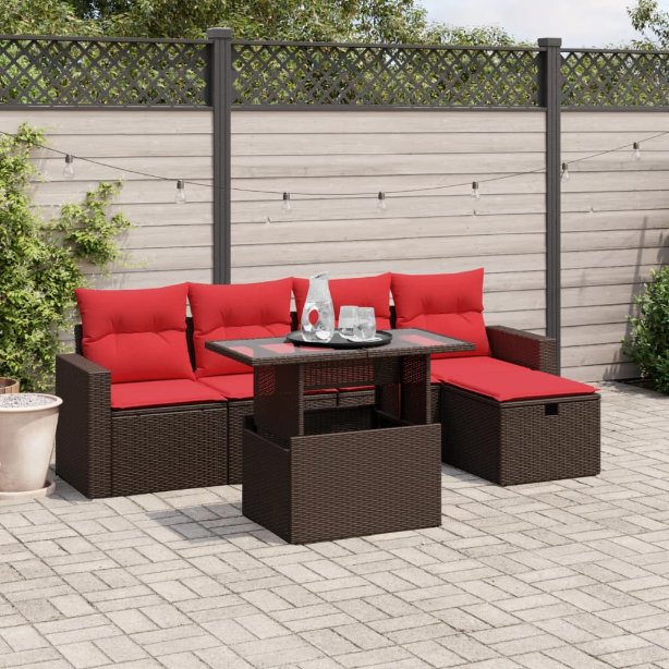 6-teiliges Gartensofa-Set mit Kissen, schwarzes Polyrattan