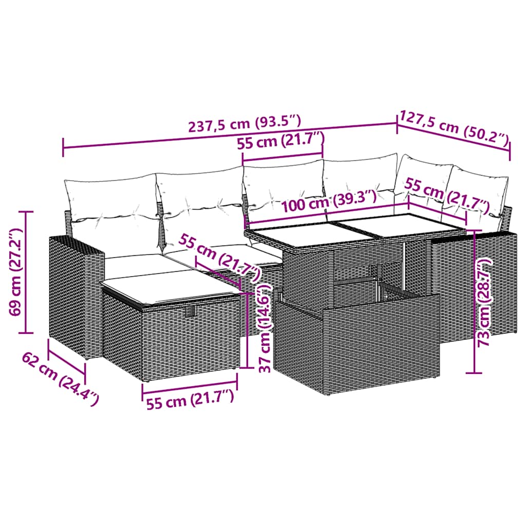 7-teiliges Gartensofa-Set mit Kissen, schwarzes Polyrattan