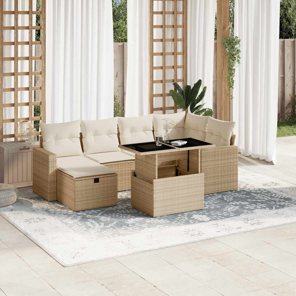 7-tlg. Garten-Sofagarnitur mit Kissen Schwarz Poly Rattan