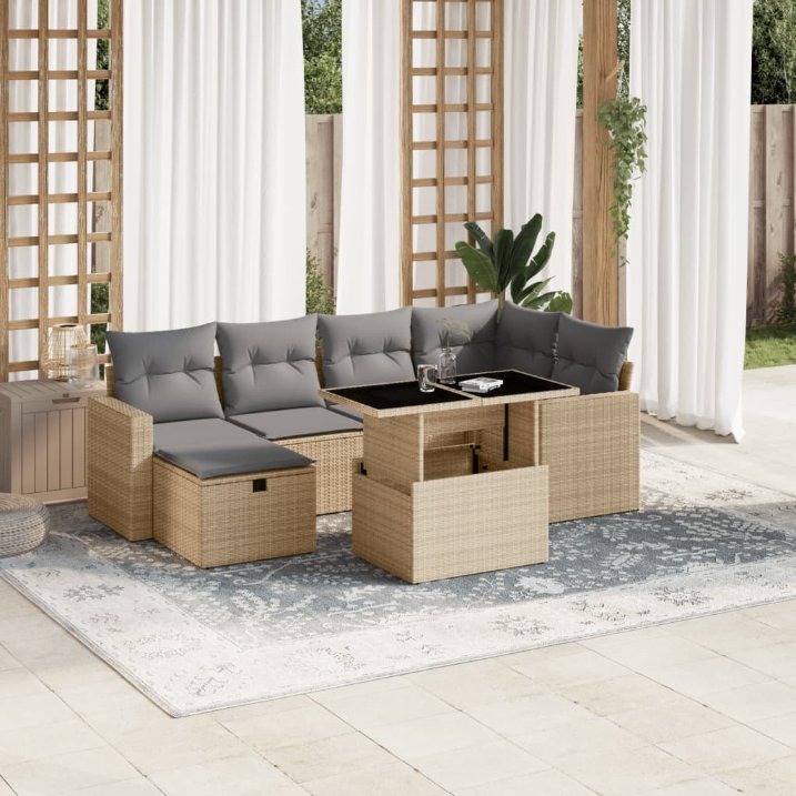 7-tlg. Garten-Sofagarnitur mit Kissen Schwarz Poly Rattan