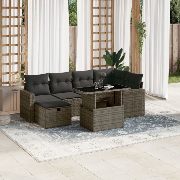 7-tlg. Garten-Sofagarnitur mit Kissen Schwarz Poly Rattan