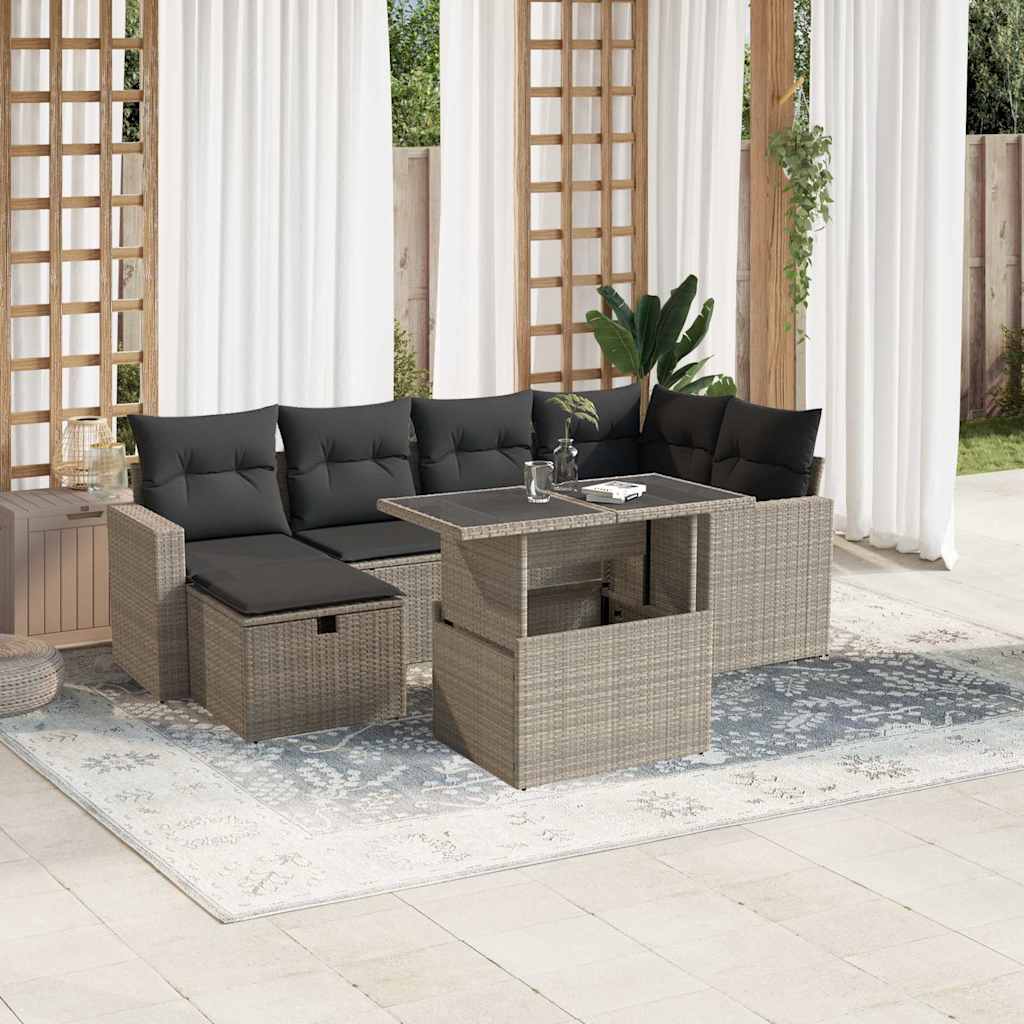 7-tlg. Garten-Sofagarnitur mit Kissen Schwarz Poly Rattan