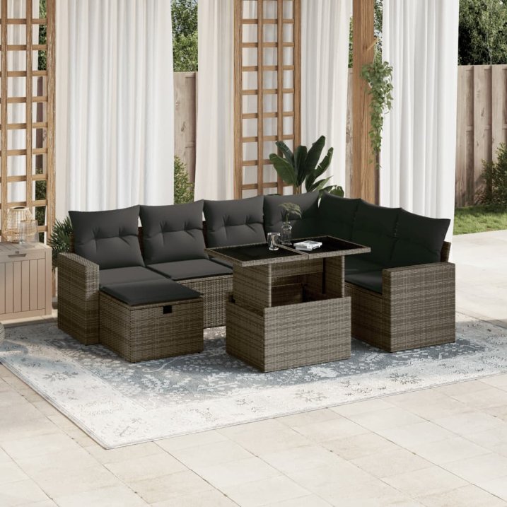 8-tlg. Garten-Sofagarnitur mit Kissen Schwarz Poly Rattan