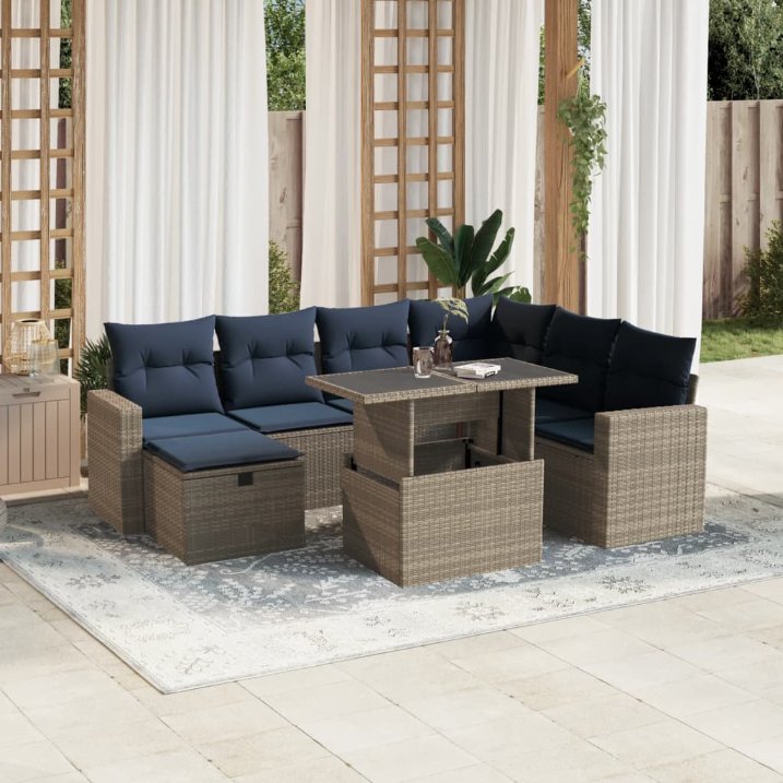 8-teiliges Gartensofa-Set mit Kissen, schwarzes Polyrattan