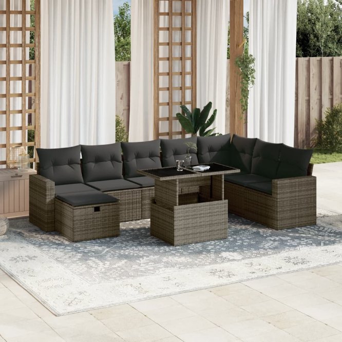 9-tlg. Garten-Sofagarnitur mit Kissen Schwarz Poly Rattan