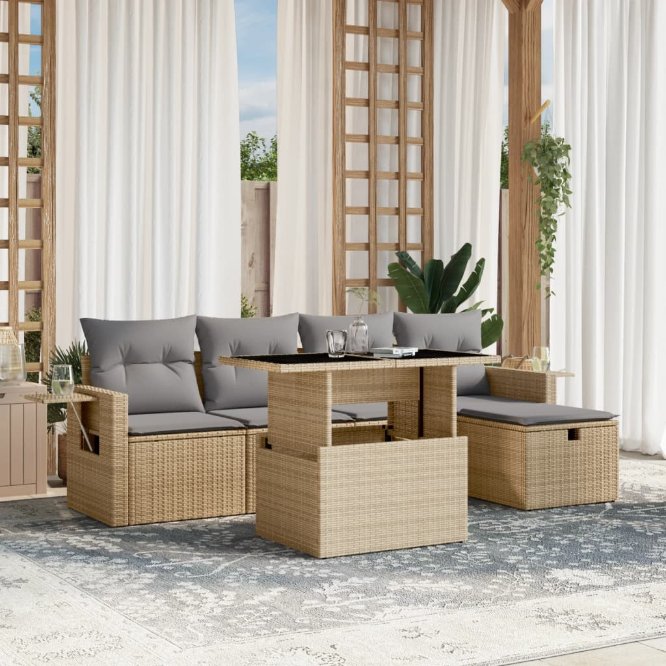 6-tlg. Garten-Sofagarnitur mit Kissen Schwarz Poly Rattan
