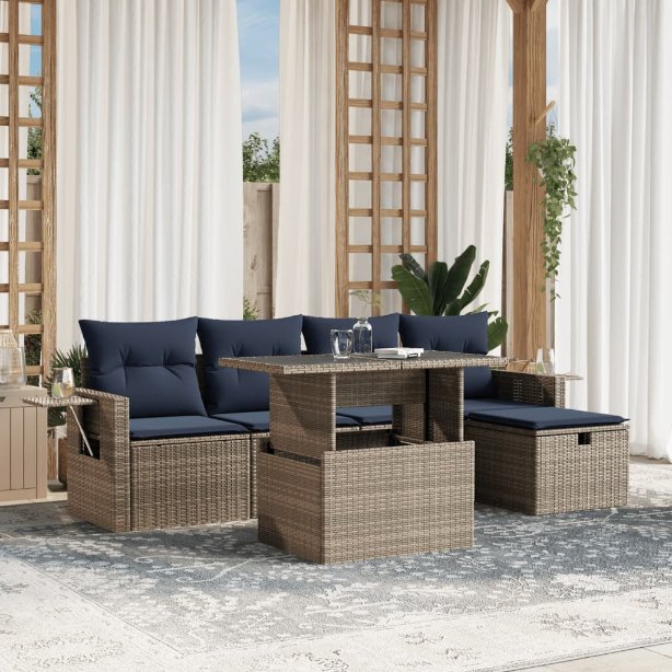6-teiliges Gartensofa-Set mit Kissen, schwarzes Polyrattan