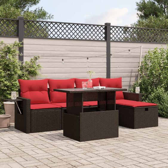 6-teiliges Gartensofa-Set mit Kissen, schwarzes Polyrattan
