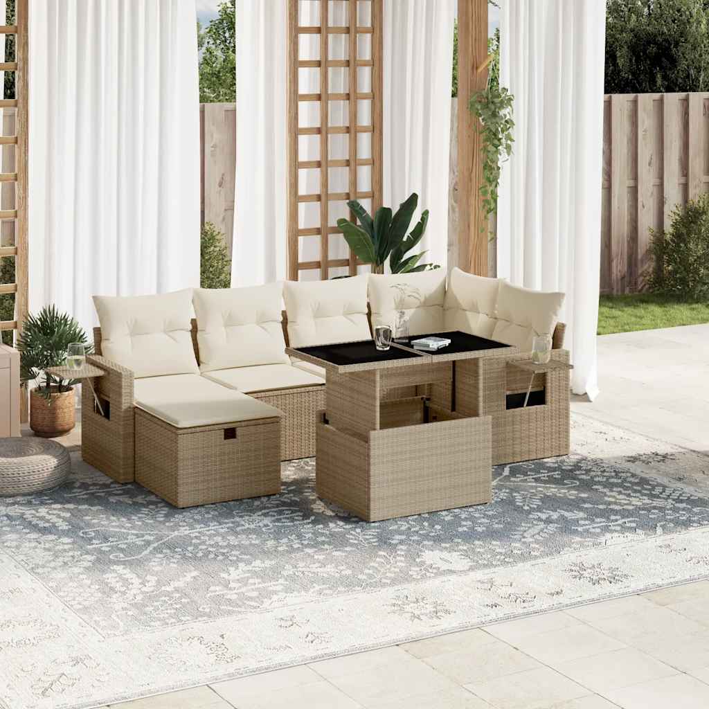 7-tlg. Garten-Sofagarnitur mit Kissen Schwarz Poly Rattan