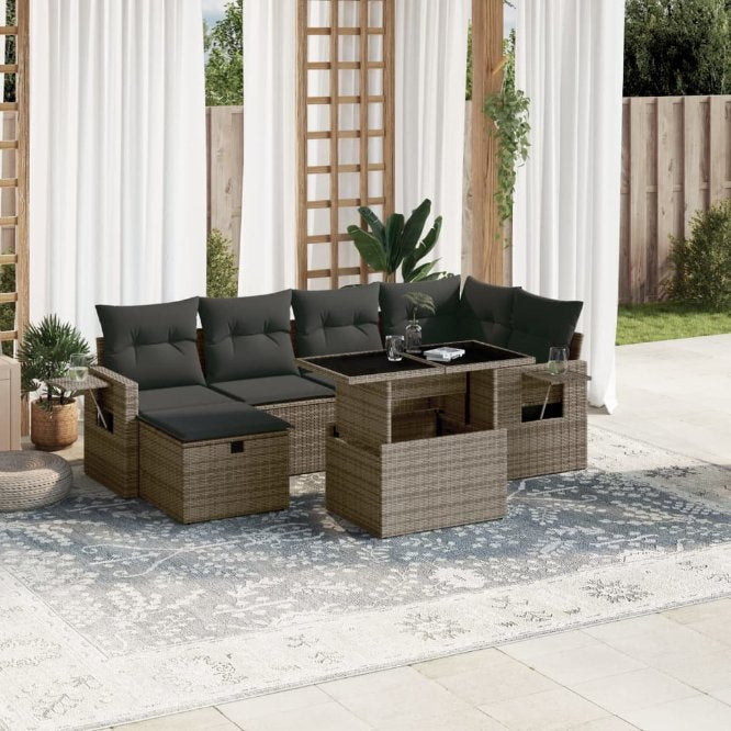 7-tlg. Garten-Sofagarnitur mit Kissen Schwarz Poly Rattan
