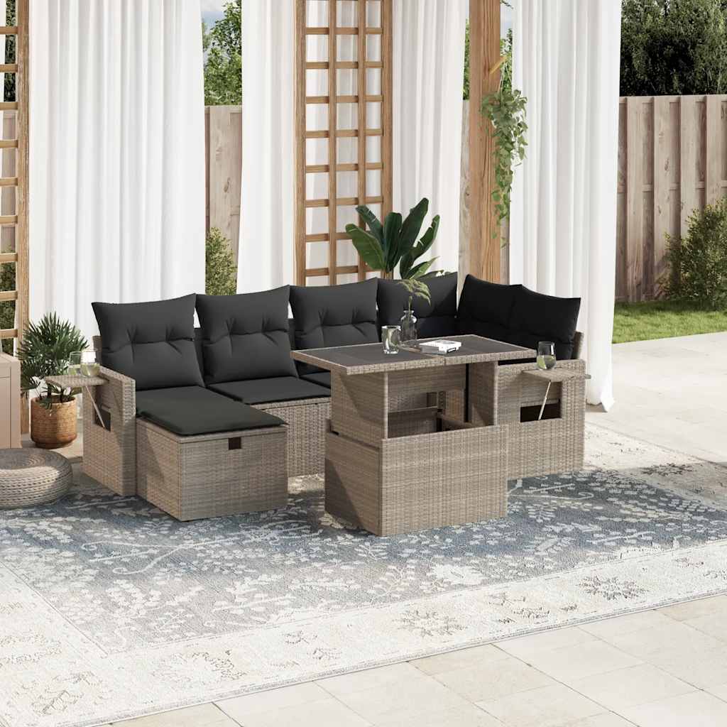 7-tlg. Garten-Sofagarnitur mit Kissen Schwarz Poly Rattan
